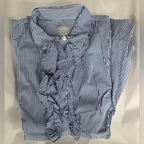 Chico’s blue & white tux ruffle tunic blouse Size 1 / M smedium - Picture 1 of 13
